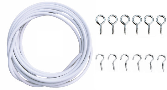 NET CURTAIN WIRE WHITE WINDOW VOILE CABLE CORD WITH HOOKS AND EYES 3M