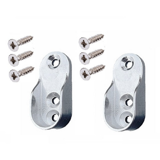 SCARFELL 2 x Oval Wardrobe Rail Ends Supports Rail Brackets 15mm Wide Nickel Plated Silver with Screws