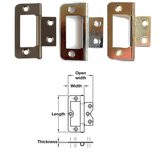 Flush Hinge, Steel, 50 x 24 mm, Chrome, Brass, Bronze