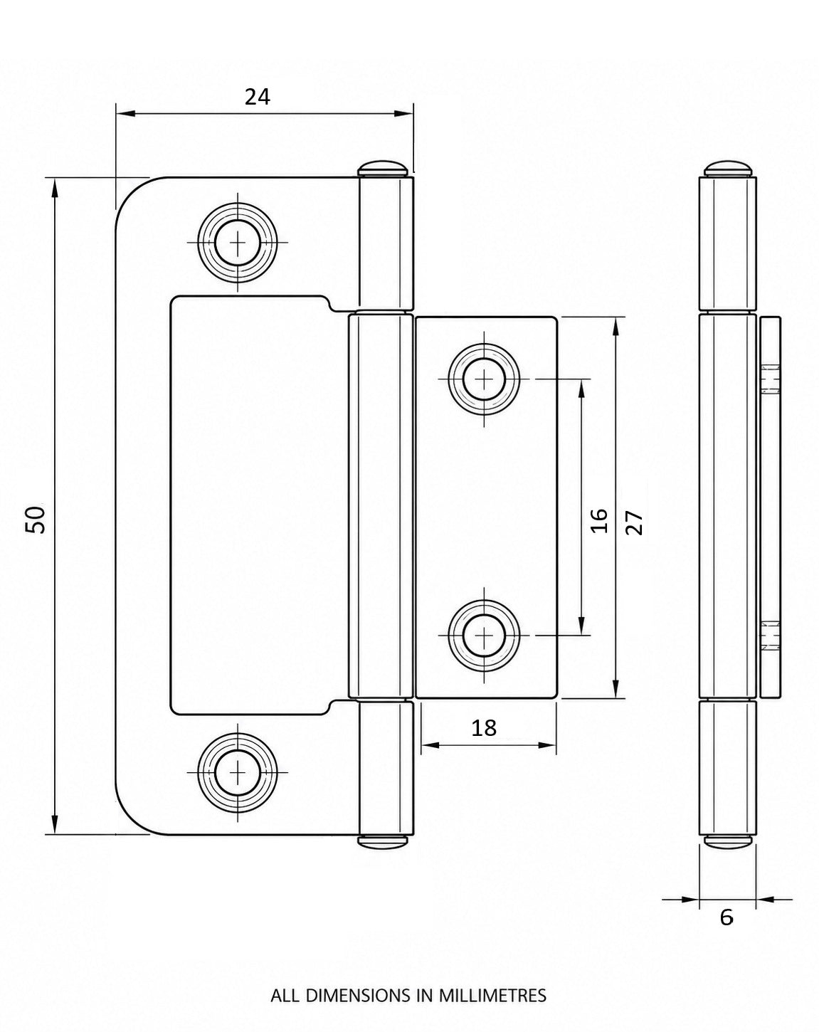 Flush Hinge, Steel, 50 x 24 mm, Brass (Pack of 2)