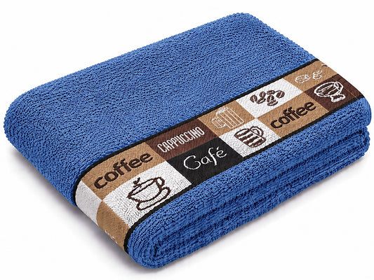 Luxury Kitchen Hand Terry Tea Towel 100% Cotton , Cafe Coffee Cups (Classic Blue)