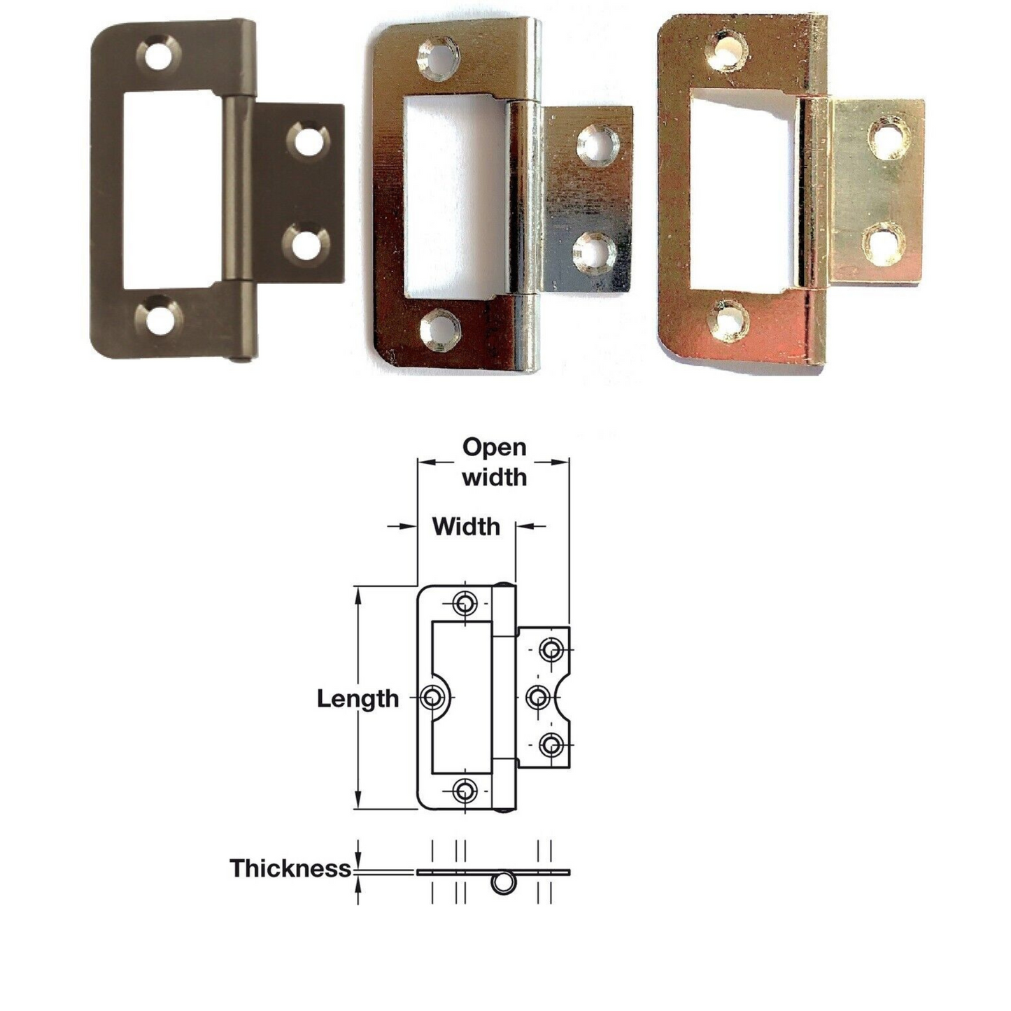 Flush Hinge, Steel, 50 x 24 mm, Chrome, Brass, Bronze